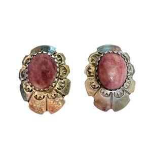 VTG Artist Signed WT Sterling Silver Pink Stone Clip Earrings